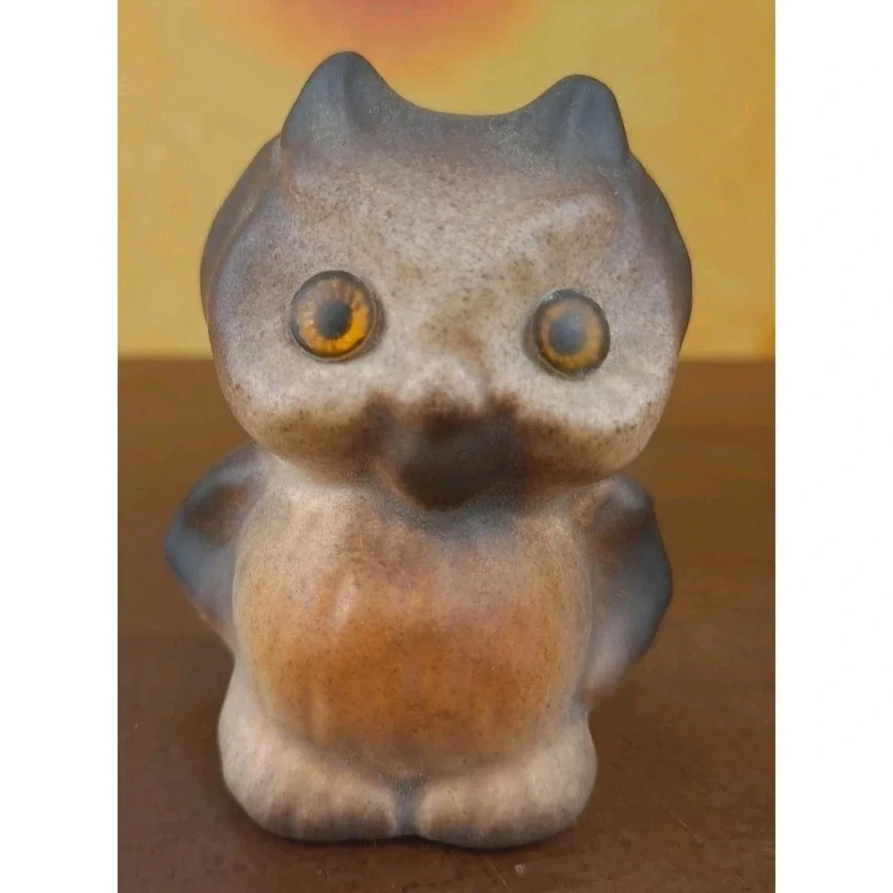 Owl‎ Mini Figurine 2-1/4 Brown Glass Eyes US Pottery Ceramic